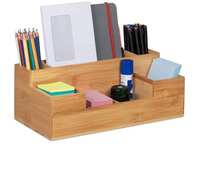 Famanu – Bamboe bureau organizer met 7 vakken – pennenbakje voor kantoor/keuken/badkamer (ook bestek