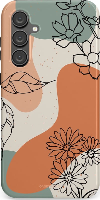Casetastic hoesje geschikt voor Samsung Galaxy S23 FE - Dubbellaagse bescherming - Lijnenspel Botanisch - Fashion Case - Crème Saliegroen Perzik