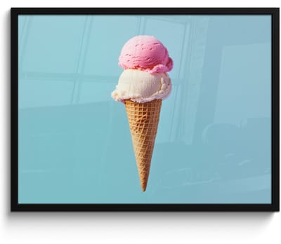 Poster in lijst - Fotolijst 70x50 cm - Posters - Bolletjes - Schepijs - Hoorntje - Blauw - Posterlijst zwart - Decoratie - Wanddecoratie woonkamer - Muurdecoratie slaapkamer