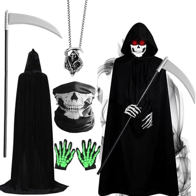 Grimmige Doodskop Kostuum voor Kinderen en Volwassenen - Halloween Outfit met Kap, Masker, Handschoenen en Ketting voor Cosplay