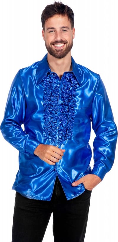 Jaren 80 & 90 Kostuum | Blauwe Ruchesblouse Satijn Foute Disco | Maat 56 | Carnaval kostuum | Verkleedkleding