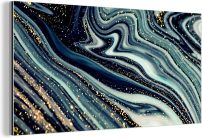 Wanddecoratie Metaal - Aluminium Schilderij Industrieel - Marmer - Goud - Blauw - Glitter - Marmerlook - Abstract - 160x80 cm - Dibond - Foto op aluminium - Industriële muurdecoratie - Voor de woonkamer/slaapkamer