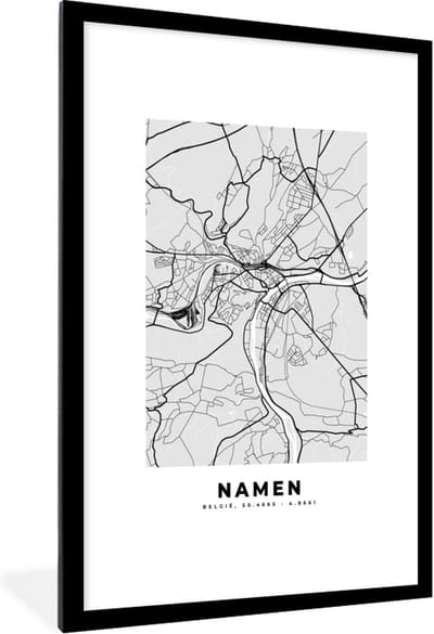 Fotolijst incl. Poster Zwart Wit- België – Namen – Stadskaart – Kaart – Zwart Wit – Plattegrond - 80x120 cm - Posterlijst