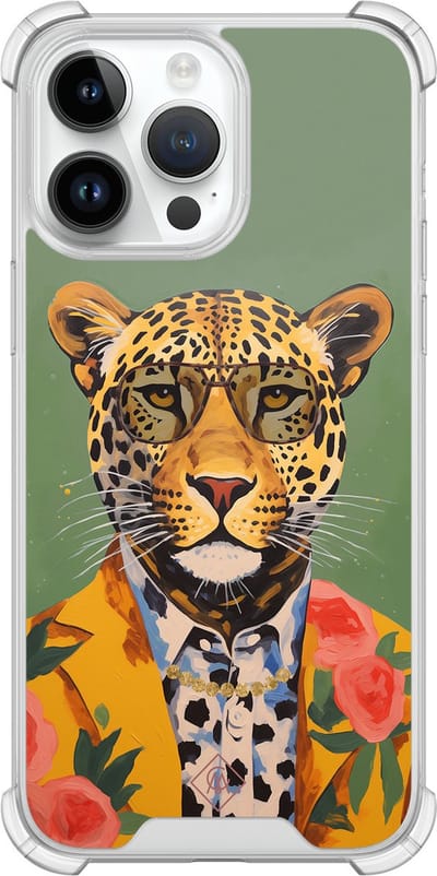 Casimoda® hoesje - Geschikt voor iPhone 14 Pro Max - Luipaard Hipster - Shockproof case - Extra sterk - TPU/polycarbonaat - Groen, Transparant
