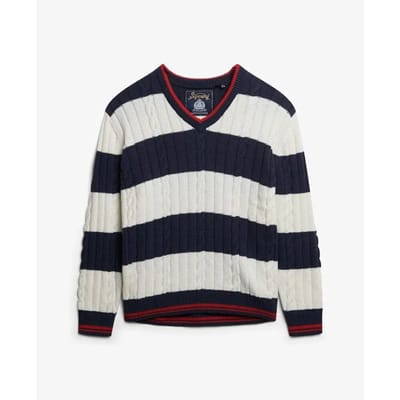 Superdry - Oversized kabeltrui met V-hals en strepen - Dames - Sweaters