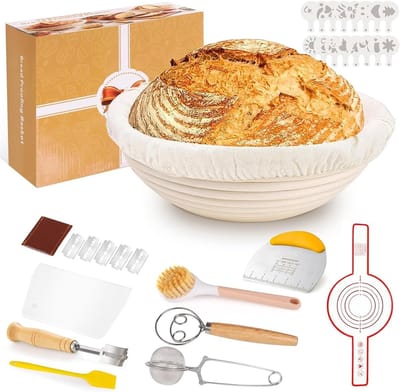 KZQ 10-delige zuurdesemstarterset - Inclusief ronde broodmand - Complete set bakaccessoires - Geschikt voor beginners en ervaren bakkers - Keukengereedschap - Ideaal cadeau voor keukenliefhebbers