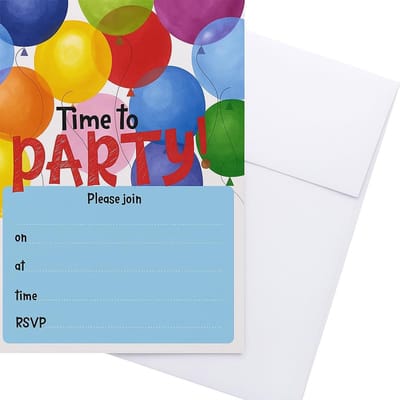 Famanu – Kinderfeest uitnodigingen met enveloppen, speels “tijd om te feesten” thema (20 stuks)