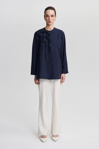 Touché Privé - Poplin overhemd met strikdetail - Marine - Dames