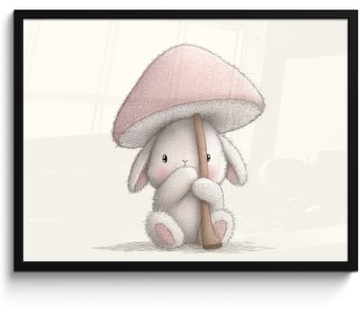 Poster in lijst - Fotolijst 80x60 cm - Posters - Paddenstoel - Konijn - Roze - Posterlijst zwart - Decoratie - Wanddecoratie woonkamer - Muurdecoratie slaapkamer
