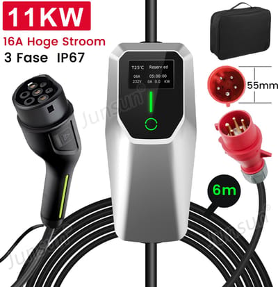 JUNSUN Draagbare 11kW 16A 3-Fase EV Laadkabel - Type 2 Laadpaal , 6M Kabel + LCD Scherm & Opbergtas - 6A/8A/10A/13A/16A Schakelbaar - IEC62196-2 & IP67