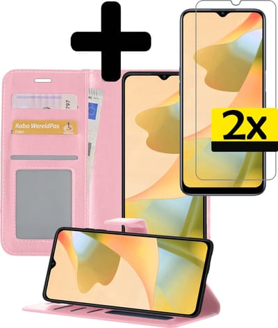 Hoesje - Met 2x Screenprotector - Geschikt voor OPPO A16 - Luxe Pasjeshouder - Bookcase Portemonee - Flip Case - Kunstleer Book Case - Flipcase Hoes - Book Cover - Walletcase - Portemonneehoes - Telefoonhoesjes - Lichtroze