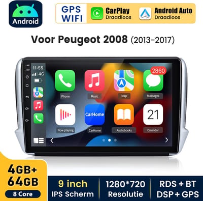 HexinexMarket Autoradio Geschikt voor Peugeot 2008 (2013-2017) - Draadloos CarPlay, Android Auto, multimediaspeler, GPS Navi - 4GB+64GB
