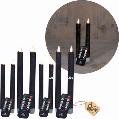Voordeelset LED-kaarsen met timer klein + groot ZWART 8 stuks voor binnen - 6 uur - ECHTE WAS 18 cm + 23 cm hoogte voor kaarsen 2,2 cm diameter 2 AAA-batterijen vereist LED-kaarsen met flikkerende vlam