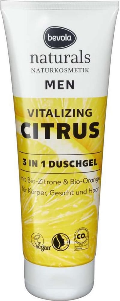 3-in-1 douchegel men Vitalizing Citrus met bio-citroen en bio-sinaasappel - voor lichaam, gezicht en haar - vegan - 250 ml Bevola Naturals