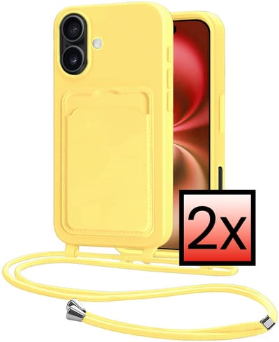 Hoes Geschikt voor iPhone 16 Plus Hoesje Pasjeshouder Cover Met Koord Case Siliconen Hoes Met Telefoonkoord en Kaarthouder - Geel - 2 PACK