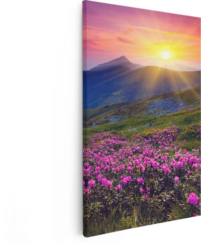 Artaza Canvas Schilderij Bergen - 80x120 cm - Groot - Wanddecoratie Bloemen - Muurdecoratie Zonsondergang - Schilderijen Op Canvas