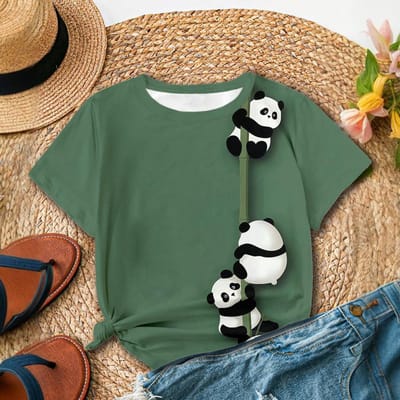 Frisse en Leuke Stijl Groene Basis Panda Print Dagelijkse Casual Mode Zomer Dames T-shirt met Korte Mouwen 2XL brown