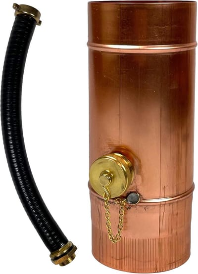 Koperen regenwaterafvanger 100 mm voor regenpijp met slang en tonkoppeling