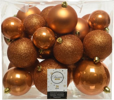 Decoris Kerstballen - 26x st - cognac bruin - 6-8-10 cm - kunststof - kerstversiering