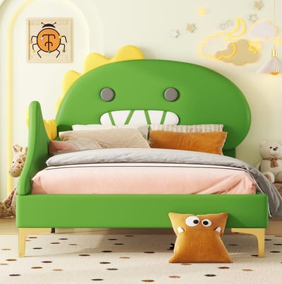 MEUNIQ Kinderbed 90x200 cm met cartoon dinosaurus hoofdbord, eenpersoons bedframe met lattenbodem, groen, normaal bed voor kinderkamer, matras niet inbegrepen
