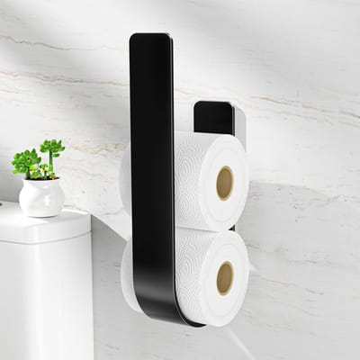 Zwarte Toiletpapierhouder voor Muurbevestiging zonder Boren - Ruimtebesparende Oplossing voor 3 Rollen en Vervangend Toiletpapier in de Badkamer