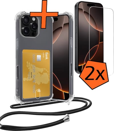 Hoesje Geschikt voor iPhone 16 Pro Hoesje Met Telefoonketting Pasjeshouder Shockproof Case Met 2x Screenprotector Koord - Hoesje Geschikt voor iPhone 16 Pro Hoes Met Kaarthouder - Transparant