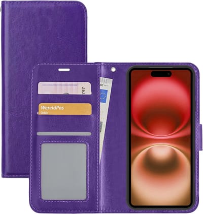 Hoesje - Met Pasjeshouder - Geschikt voor Apple iPhone 16 - Luxe Bookcase Portemonee - Flip Case - Kunstleer Book Case - Flipcase - Book Cover - Walletcase - Portemonneehoes - Paars