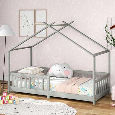 Gutent Kinderbed,Peuterbed, Grijs (Zonder matras), Massief hout, met hek en lattenbodem, met valbeveiliging, geschikt voor kinder- en jeugdkamers (200x90 cm)