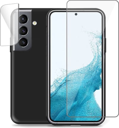 Geschikt voor Samsung S22 Hoesje + Screenprotector + Camera Beschermglas – Gehard Glas Cover - Suède Case Zwart