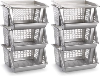 Plasticforte Opbergkrat - 2x - zilver - 3 vakken - 62 cm - Stapelkratten - Stapelbare manden