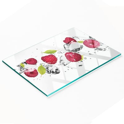 Keukenplank van gehard glas met decoratieve frambozen- en waterafbeeldingen, 80x52 cm