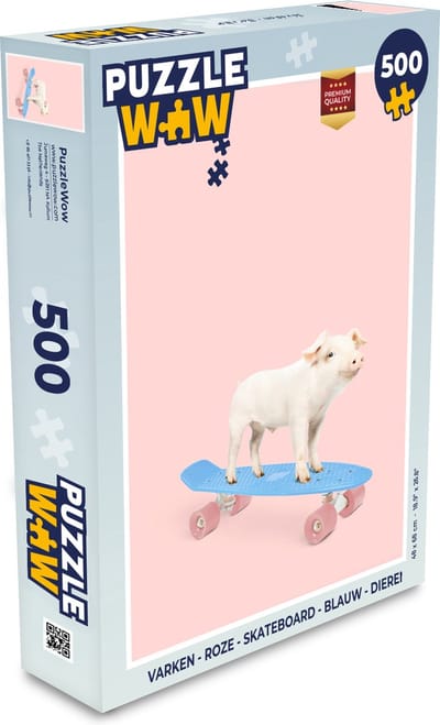 Puzzel Varken - Roze - Skateboard - Blauw - Dieren - Legpuzzel - Puzzel 500 stukjes