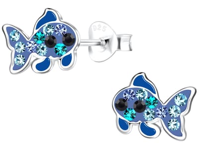 Joy|S - Zilveren vis oorbellen - 7 x 9 mm - blauw - kristal - visje oorknoppen - kinderoorbellen
