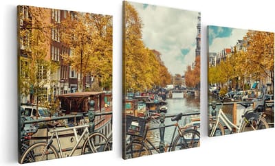 Artaza Canvas Schilderij Drieluik Amsterdamse Brug Bij Een Brug Met Fietsen - 120x60 - Foto Op Canvas - Canvas Print