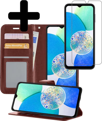 Hoesje - Met Screenprotector - Geschikt voor Samsung Galaxy A14 - Luxe Pasjeshouder - Bookcase Portemonee - Flip Case - Kunstleer Book Case - Flipcase - Book Cover - Walletcase - Portemonneehoes - Telefoonhoesjes - Bruin