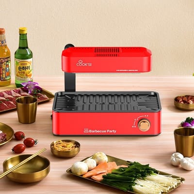 TEKROA® Lnfrarood elektrische bakplaat–220–240V, 1100W, Instelbare Temperatuur–1390W vermogen—Afneembare Bakplaat–Vetopvangbak–Voor BBQ & Gezond Grillen–Rood