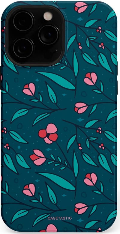 Casetastic hoesje geschikt voor Apple iPhone 13 Pro Max - MagSafe - Dubbellaagse bescherming - Blauwe Groene Bloemenpracht - Fashion Case - Petrol Donkergrijs