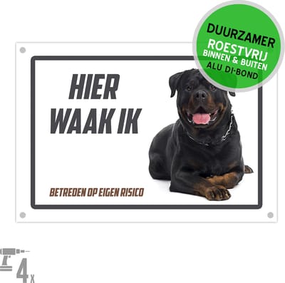 Waakbord Dibond + boorgaten | Rottweiler "Hier waak ik" | 30 x 20 cm | Duurzaam | Roestvrij bord | Hond | 1 stuk