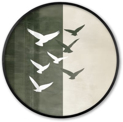 Poster in lijst Rond - Fotolijst 60x60 cm - Posters - Japandi - Vogel - Groen - Ronde posterlijst zwart - Decoratie - Wanddecoratie woonkamer - Muurdecoratie slaapkamer