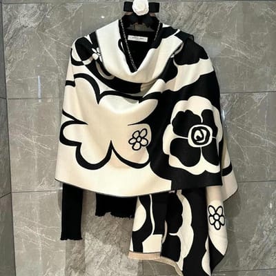 Bloemen Sjaal - Deken Sjaal - Warm Blijven - Super Zacht - 185x65cm - Zwart Beige
