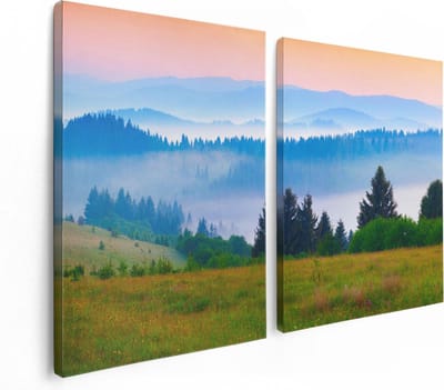 Artaza Canvas Schilderij Tweeluik Mistige Heuvel Landschap Met Bossen - 120x80 - Foto Op Canvas - Canvas Print