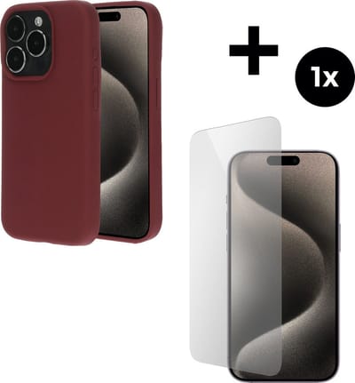 Mobiparts Silicone Cover hoesje geschikt voor Apple iPhone 15 Pro met 1 Screenprotector van Gehard Glas - Paars/Red