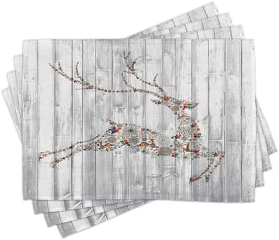ABAKUHAUS Hertenplacemats, Kerstdier Rustiek, Wasbare Stof Eetkamerkeukentafeldecoratie Digitale Print, Wit Roodgrijs