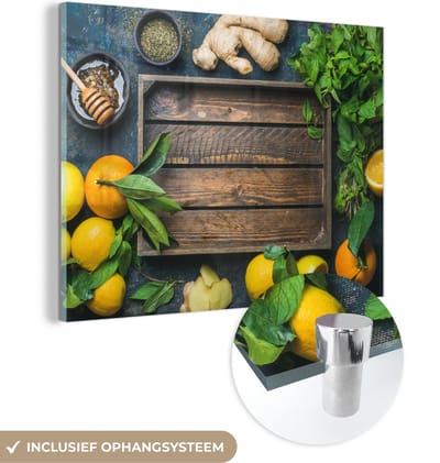 MuchoWow® Glasschilderij 120x90 cm - Schilderij acrylglas - Fruitkist - Citroen - Fruit - Foto op glas - Schilderijen
