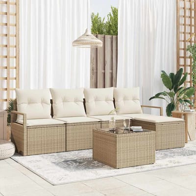 vidaXL Bankstel met kussen met opslag 6 pcs Beige en Crème poly rattan