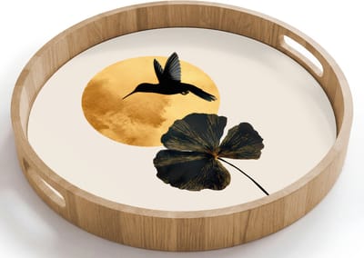 Dienblad rond 40x40 cm - Schootdienblad hout - Zwarte kolibrie - Bloem - Gouden cirkel - Borrelplank rechthoek - Plateau houten dienbladen