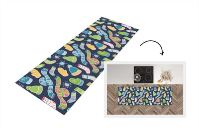 Keukenloper - Loper keuken - Sjaal - Handschoenen - Muts - Regenboog - Winter - Patronen - 150x50 cm - Keukenloper vinyl