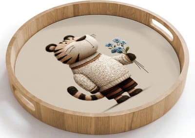 Dienblad rond 40x40 cm - Schootdienblad hout - Tijger - Blauwe bloemen - Rustig - Borrelplank rechthoek - Plateau houten dienbladen