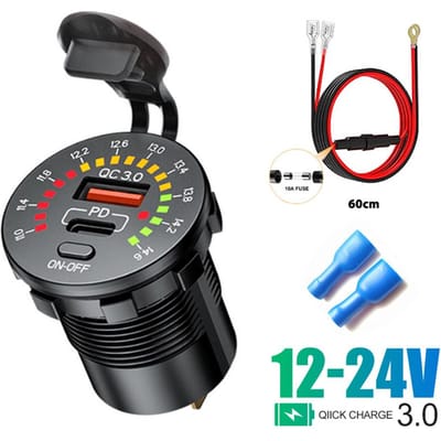 12V 24V Autolader PD USB QC3.0 Snellaadcontactdoos met AAN/UIT-schakelaar en spanningsweergave voor auto, boot, motorfiets, vrachtwagen QC3.0+PD