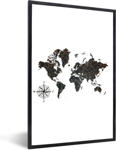 Poster in lijst - Fotolijst 80x120 cm - Posters - Wereldkaart - Brons - Kompas - Posterlijst zwart - Decoratie - Wanddecoratie woonkamer - Muurdecoratie slaapkamer
